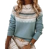 Women's Fair Isle Sweater Casual Vintage Crew Neck Knitted Sweater Cute Graphic Fall Fashion Pullover Jumper Tops