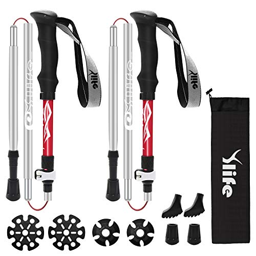 Ylife Trekking Poles, 2 Pack Foldable Hiking Sticks, Strong Lightweight Aluminum 7075, Adjustable Quick Flip-Lock, Perfect for Hiking, Walking, Backpacking and Snowshoeing (Red)
