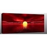 SEASCAPES LARGE RED SUNSET CANVAS PICTURE ARTWORK mounted and ready to hang 42x 20 inches (108 x 52 cm) 2cm frame