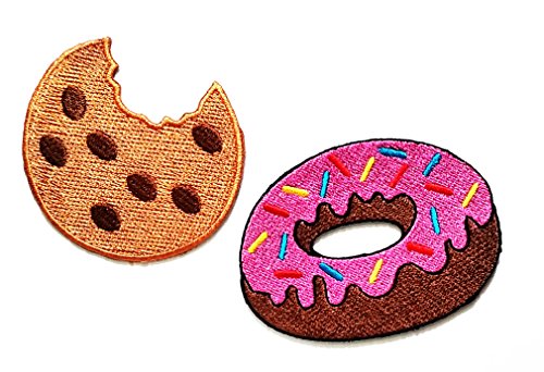 HHO Set 2 Piece Fast Food and Snack Patch Cookie with Pink Strawberry Donut Sweet Candy Food Patch for Bags Jacket T-Shirt Embroidered Sign Badge Costume
