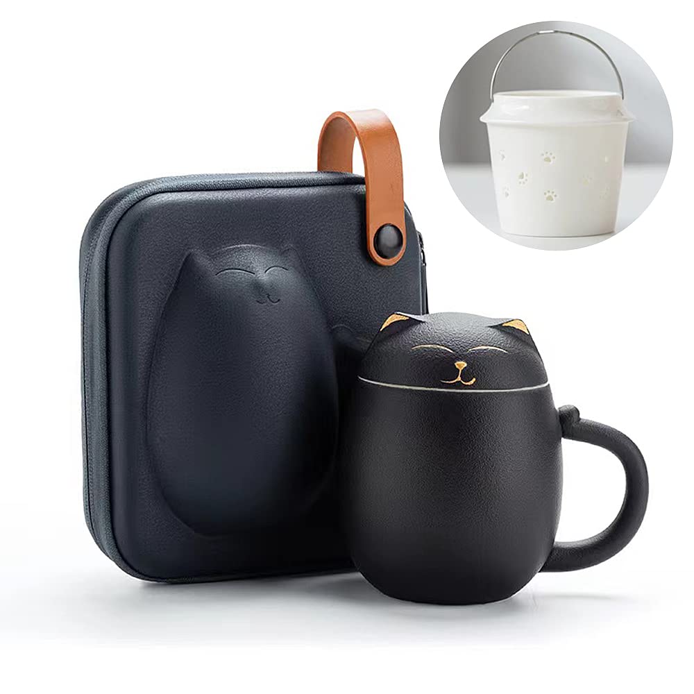 Entonic Cat Mugs with Infuser and Lid, Cute Tea Cups Kawaii Mug in Ceramic for Steeping Loose Leaf, Handmade Porcelain Teacup Teapot for Home Office, Portable Shatterproof Case 350ML (Black)