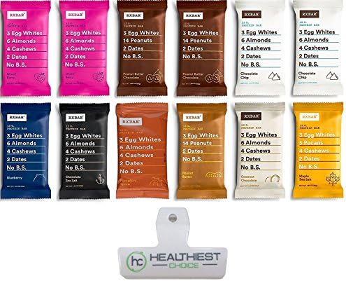 RXBar Whole Food Protein Bar, Variety Pack, All Flavors 12 bars total + Free Bag Clip