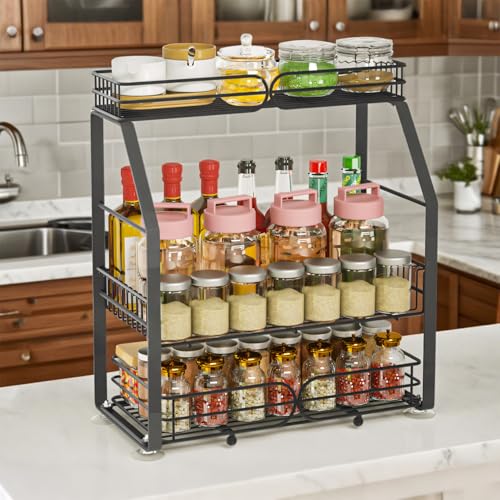 Awoyep Scaffale per spezie, da cucina, piano di lavoro: in metallo, portaspezie da cucina, piano di lavoro, organizer da scrivania, organizer per bagno, camera da letto, ufficio (nero)