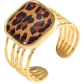 Geometry Leopard Print Gold-Tone Statement Ring for Women Stainless Steel Fashion Vintage Adjustable Bohemian Open Wedding Band Finger Rings 80s 90s Y2k Gothic Jewelry Trendy Cocktail Party Prom Accessory