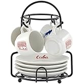 IMUSA 8 Piece Stoneware 1.5 Oz Cuba Espresso Coffee Set with Rack, White | Cuba Themed Design, Includes Rack for Storage, Ideal for Hot Drinks