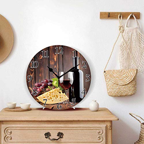 Silent Wall Clock,Wine,Red Wine Bottle and Glass Cheese and Grapes on Wood Planks Print