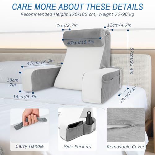 HOMCA Reading Pillow for Bed and Sofa with Removable Neck Pillow and Armrests, Pillows for Reading/Relaxing/Watching TV, with Pocket and Washable Cover (38x47x57cm)
