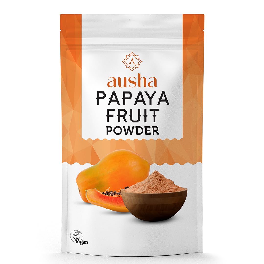 Ausha Papaya Powder 100g - PreBiotics for Gut Health, Digestion Aid, Vitamin C - for Eating, Skin and Face Mask - Full Riped Papaya Fruit Used - Organically Grown - Add to Juices, Smoothies, Cereals