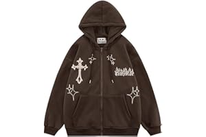 PZLDEYTAY Zip Up Hoodies Womens Men Jackets Loose Fit Y2k Star And Cross Graphic Print Sweatshirts Gothic Oversized Jackets
