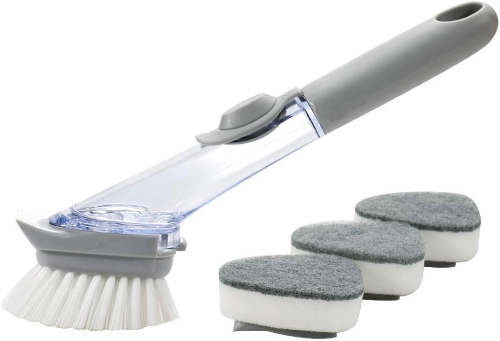 Ochioly Kitchen Dish Scrubber Soap Automatic Dispenser Dishwashing Scrubber Sink Brush for Dish Scrub Brush with Soap Handle Dishwasher Brush