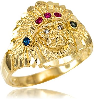 Polished 10k Yellow Gold Indian Chief CZ Head Ring (Size 10