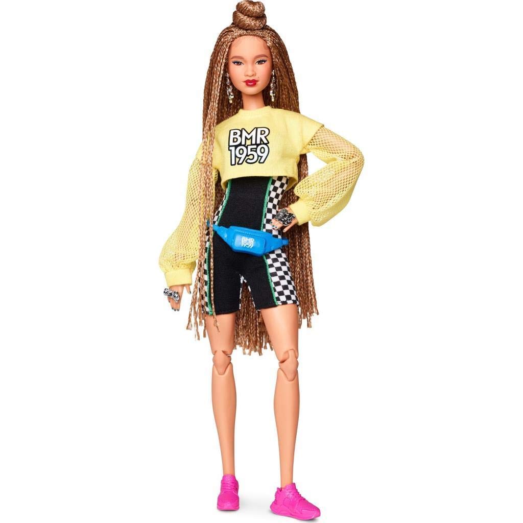 Barbie BMR1959 Fully Poseable Fashion Doll with Braided Hair, Wearing Bike Shorts Romper and Cropped Sweatshirt, with Accessories and Doll Stand, GHT91