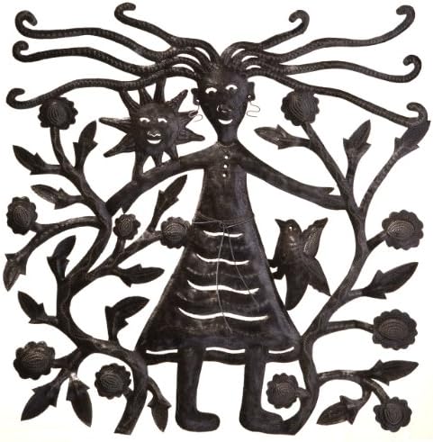 Le Primitif Galleries Haitian Recycled Steel Oil Drum Outdoor Decor, 23 by 23-Inch, Girl in Garden