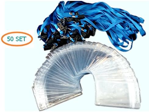 Aimtech Set of 50pcs Clear Plastic Vertical Name Tag ID Badge Card Holder &amp; 36" Blue Polyester Neck Lanyard Strap with Durable Black PVC Clip Attachment (AIMT1601)