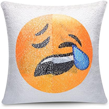 Emoji Sequin Pillow Case, USONG Changing Face Emoji Cushion Cover Reversible Sequin Mermaid Pillow Case Decorative Pillow Case 16x16" for Sofa Home Decor DIY (Laughing and Crying)