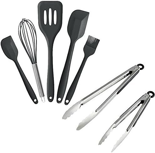StarPack Value Bundle 0020-5-Pc Silicone Kitchen Utensils (10.6") and 2-Pc BBQ Tongs (9"& 12") - Gray Black