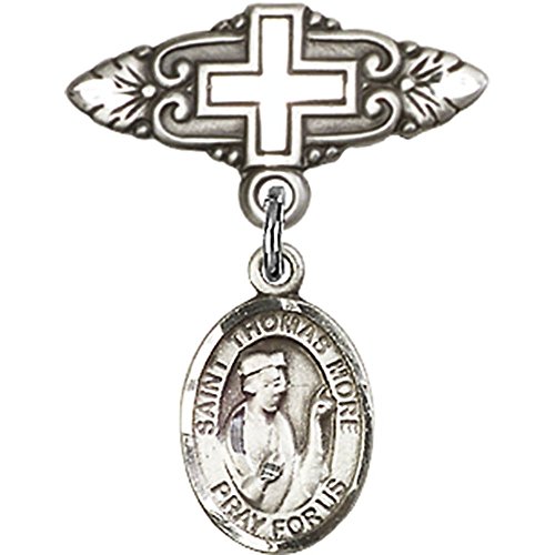 Sterling Silver Baby Badge with St. Thomas More Charm and Badge Pin with Cross 1 X 3/4 inches