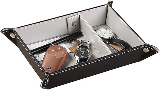 Amazon Com Yapishi Key Tray Large For Men Leather Entryway Dish Bedside Catchall Bowl 2 Dividers Nightstand Organizer Caddy Travel Valet Tray For Wallet Coins Change Dice Watch Phone Sundries Holder Grey Home