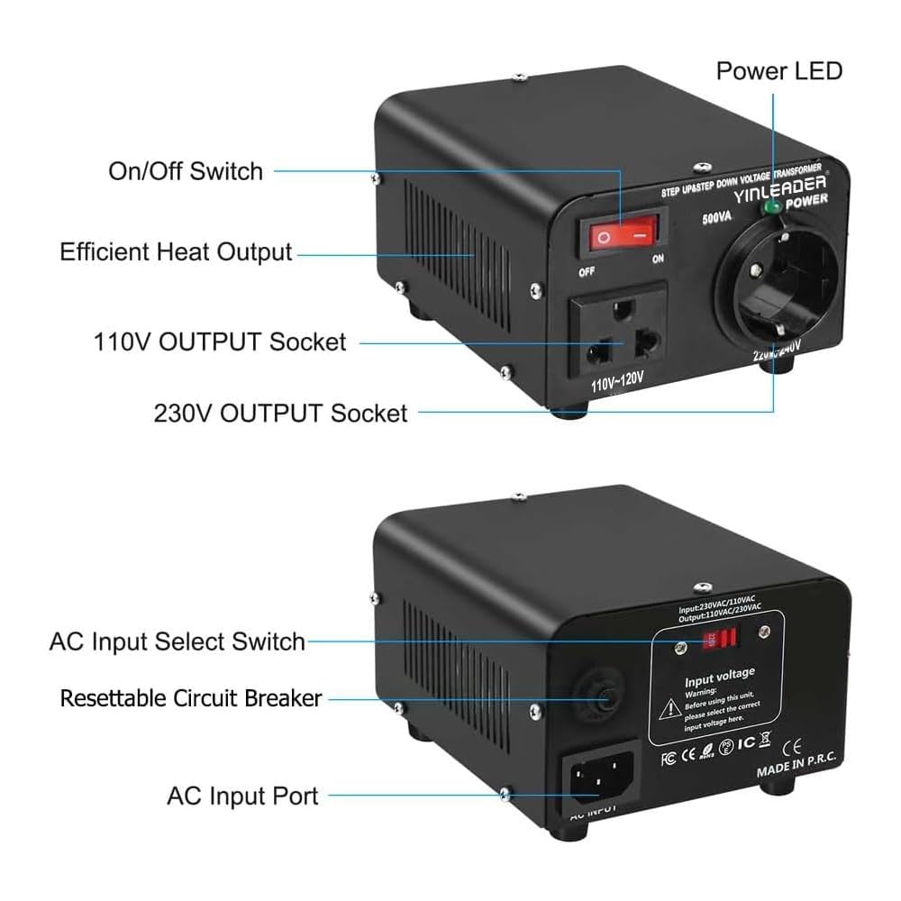 Yinleader 110v to 220v European Voltage Converter Transformer 500W Step Up Converter 110/120 Volt to 220/230/240 Volt or Step Down 220 to 110 w/US Power Cord,Circuit Breaker Protection