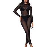 MakeMeChic Women's Sexy See Through Sheer Mesh Jumpsuits Cut Out Back Long Sleeve Skinny Club Party Outfits