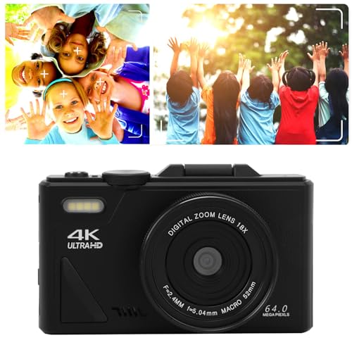 4K Digital Camera, 64MP FHD Point and Shoot Camera with 3" Screen, 18X Zoom, Autofocus Portable Compact Camera for Kids and Teens (Black)