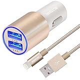 IWAVION Car Charger (4.8A/24W) with 3FT/1M Nylon Braided Lightning to USB Cable for Apple iPhone 7/7 Plus/6s/6s Plus/6/6 Plus/5s/5c/5, iPad Mini/Air/Pro, iPod, Samsung Galaxy S7/Edge/Note (Gold)