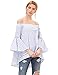 SheIn Women's Off The Shoulder Bell Sleeve Striped Blouse - Dark Blue Small