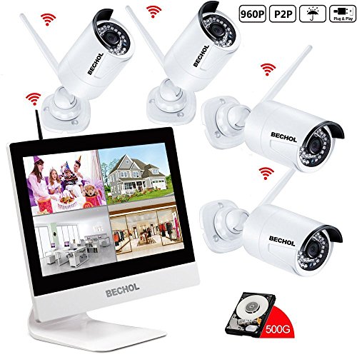 Bechol 960HD Wireless Security Surveillance IP Camera System 4CH WiFi NVR with 12'' LCD Monitor,4pcs Waterproof Video Inputs Security Camera 100ft Night Vision + 500GB HDD+UL Adapter