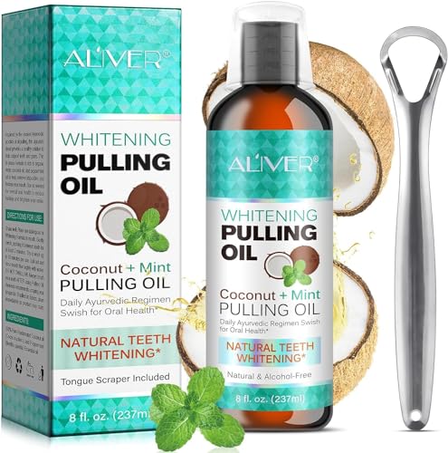 Pulling Oil with Coconut & Peppermint Oil-Mouthwash for Oral Care-Teeth Whitening and Fresh Breath, Organic Essential Oils Mouthwash With Tongue Scraper Alcohol-Free, Treatment for Gums-8 Fl.Oz