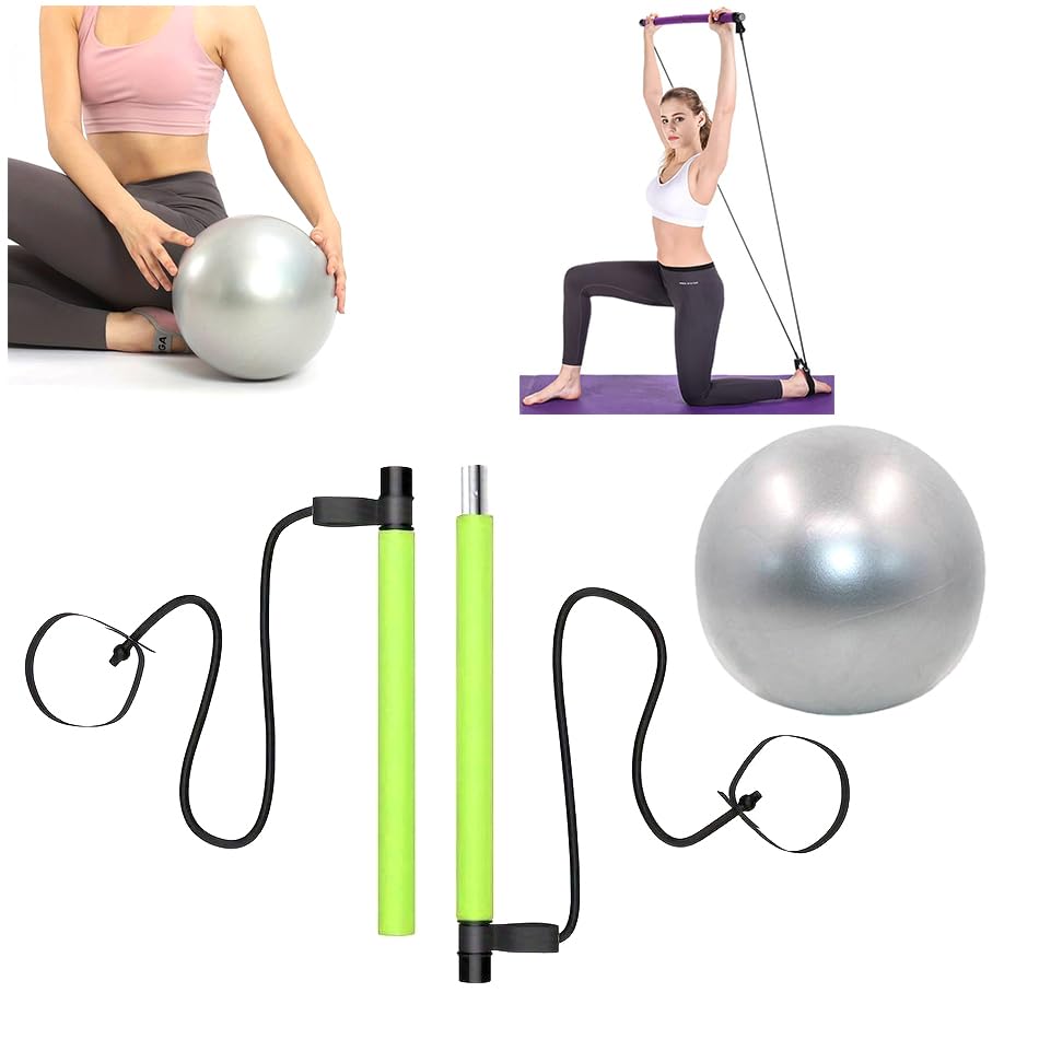 GREEN PILATES BAR & YOGA BALL -Sculpting STICK, Fitness Band, Pilates Band, Pull Up Resistance, TONING EQUIPMENT, BODY TRIMMER, Waist & Ab Shaper, Arms, Chest, Sit Up Pull ROPE (GREEN Bar & YOGA Ball)