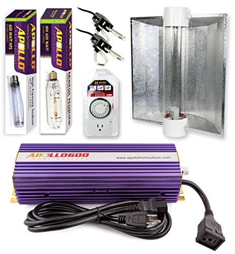 Apollo Horticulture GLK600CTAC 600 Watt Grow Light Digital Dimmable HPS MH System for Plants Air Cool Tube Hood Set