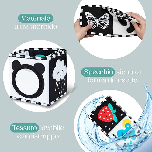 WELLODE Montessori Baby Sensory Book with Teddy Mirror – Black and White Book in Fabric, Montessori – Ultra Soft, Safe and Washable, Ideal for Visual Development and Tummy Time (0-12 Months)