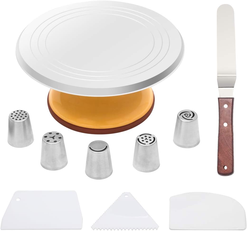 Aluminium Revolving Cake Stand Set with 12 inch Cake Turntable Baking Cake Decorating Supplies with Set of 3 Icing Smoother and Icing Spatula with Angled and Set of 5 Stainless steel Pastry Tubes