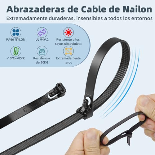 Bridas Plastico Reutilizables Negras, 100 Piezas 450mmx8mm, Zip Ties Resistencia a la Tracción de 20kg, Cable Ties Resistentes a los Rayos UV para Interiores y Exteriores,Gestión de Cables