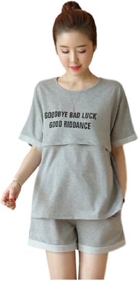 Amazon Co Jp ミウォルナ マタニティ 授乳服 パジャマ ルームウェア セットアップ スウェット 授乳口 前開き 半袖 ショートパンツ 半パン グレー Xl 服 ファッション小物
