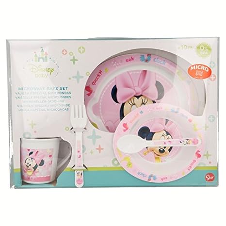 SET MICRO BABY 5 PIEZAS(PLATO, CUENCO, TAZA Y CUBIERTOS) Minnie ...