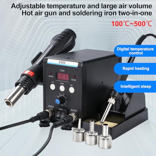 Jadeshay Estación de Soldadura 8586, Estación de Soldadura 2 en 1, 700 W, Pantalla Digital 110 V, Pistola de Aire Caliente, Herramientas con 3 Boquillas para Soldar, Desoldar y Reparar, ESD Seguro
