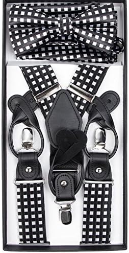 Formal Contemporary Convertible Suspenders Pre-tied Bow Tie &amp; Hankie Set (Black &amp; White Check)