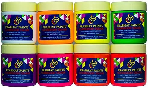 Prabhat Paints 8 Piece Water Based Fluorescent Paint (Glows only Under UV Tube Light or UV Bulb, Matt Finish) (100 gm Each)