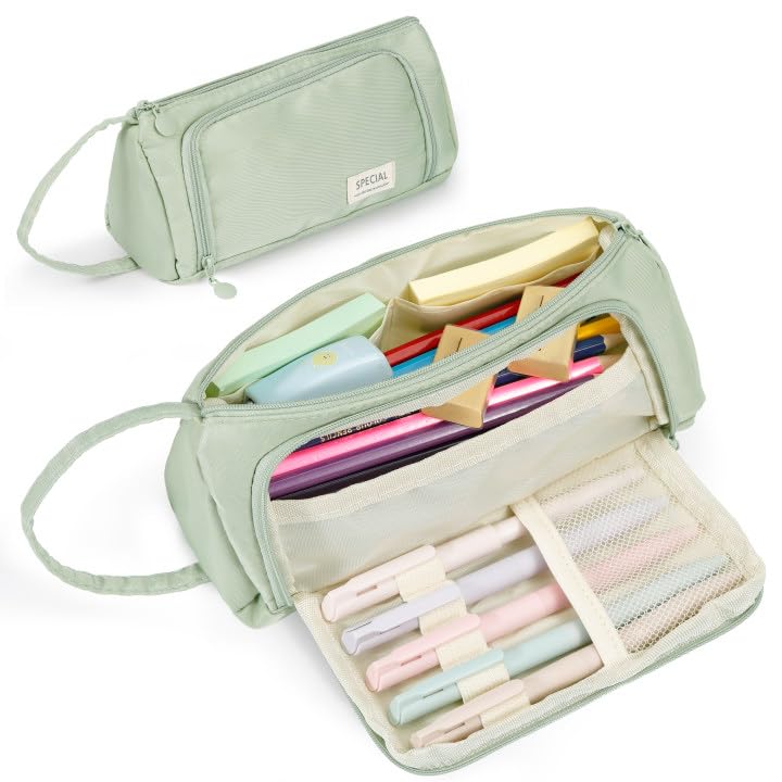 Photo 1 of Zzrywuty Big Pencil Case,Large Capacity Aesthetic Pencil Pouch for Teen Girls Portable Pen Bag with Zipper for School Office Travel (Green)