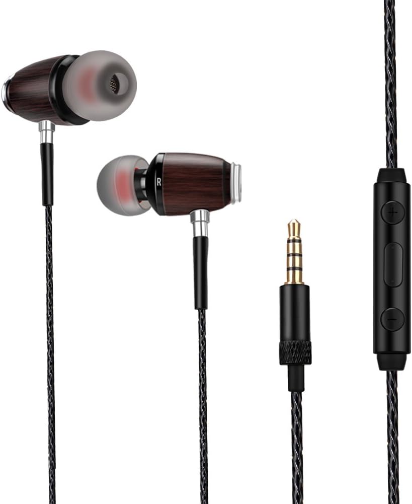 Earphones In Ear Headphones DolTech 128 Premium Wood Noise Isolating Stereo Super Bass Earbuds with Mic & Remote Control for iPhone iPad Samsung Android Cell Phones Tablets Laptop Computer Mp3 Mp4 Red