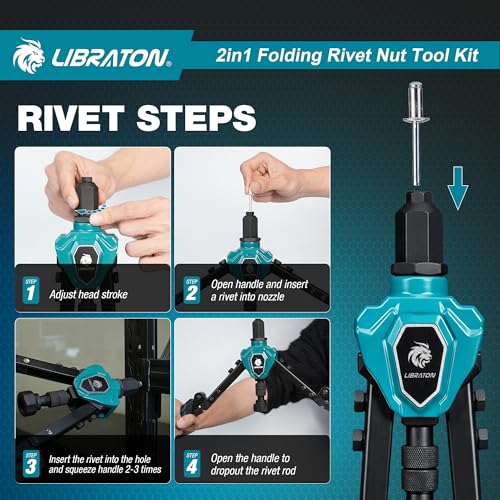 LIBRATON 2 in 1 Folding Threaded Insert Rivet Pliers, 7 Mandrels (M3-M12) & 5 Bits (2.4-6.4mm), Includes 70 Crimp Nuts and 200 Pop Rivets, Powerful Manual Tool for Auto and DIY