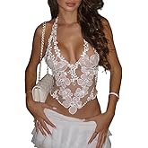 Seyumixi Women Floral Mesh Tank Top See Through Sheer Halter Crop Tops Sleeveless Flower Embroidery V Neck Cami