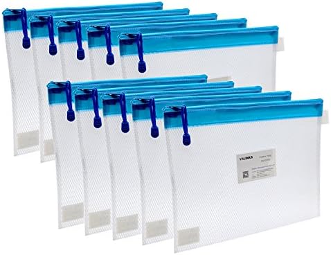 OffKits Zippered File Bags,PVC Mesh Document Folder Travel Pouch Organizer for Paper Check Newspaper Receipt And More,Water-resistant,A4 Size with Label Pocket,200 Sheet Capacity,Blue(B701) (10PCS)