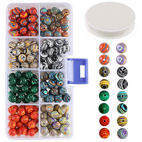 ManYee 200pcs Marble Glass Beads for Jewelry Craft Making Supplies 8mm Round Beads 7 Mixed Colors Marbleized Beads for Bracelets Necklaces Lampwork Beads with 8M Fishing Cord