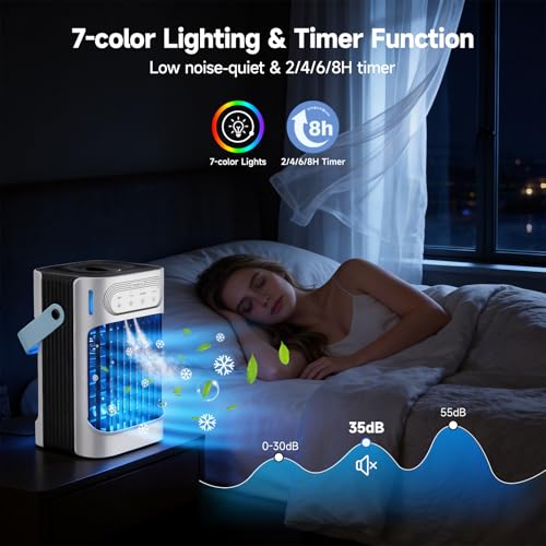 XTTANK 800ml Mobile Air Conditioner, 4 in 1 120° Oscillation Air Cooler, Portable Air Cooler with 7 Colors Night Light, 3 Speed, 2-8H Timer, Mini Air Conditioner for Home/Office