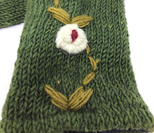 Floral Insulated Lined Wool Knit Arm Warmer Fingerless Gloves Thumb Hole Hand Mittens (Green/Light Green Rose)