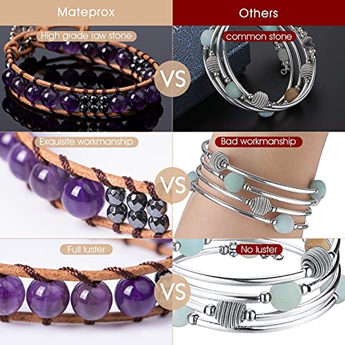MATEPROX Braccialetto in pelle di Agata Pietra Naturale Fatto a Mano, Reiki Yoga Meditazione, Bracciale Avvolgente di Perle di Cristallo di Gemme Curativo Chakra Stile Bohemien-Cristallo Ametista
