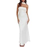Women's Summer Satin Strapless Tube Top Maxi Dress Elegant Silk Backless Halter Neck Formal Party Dresses Wedding Guest