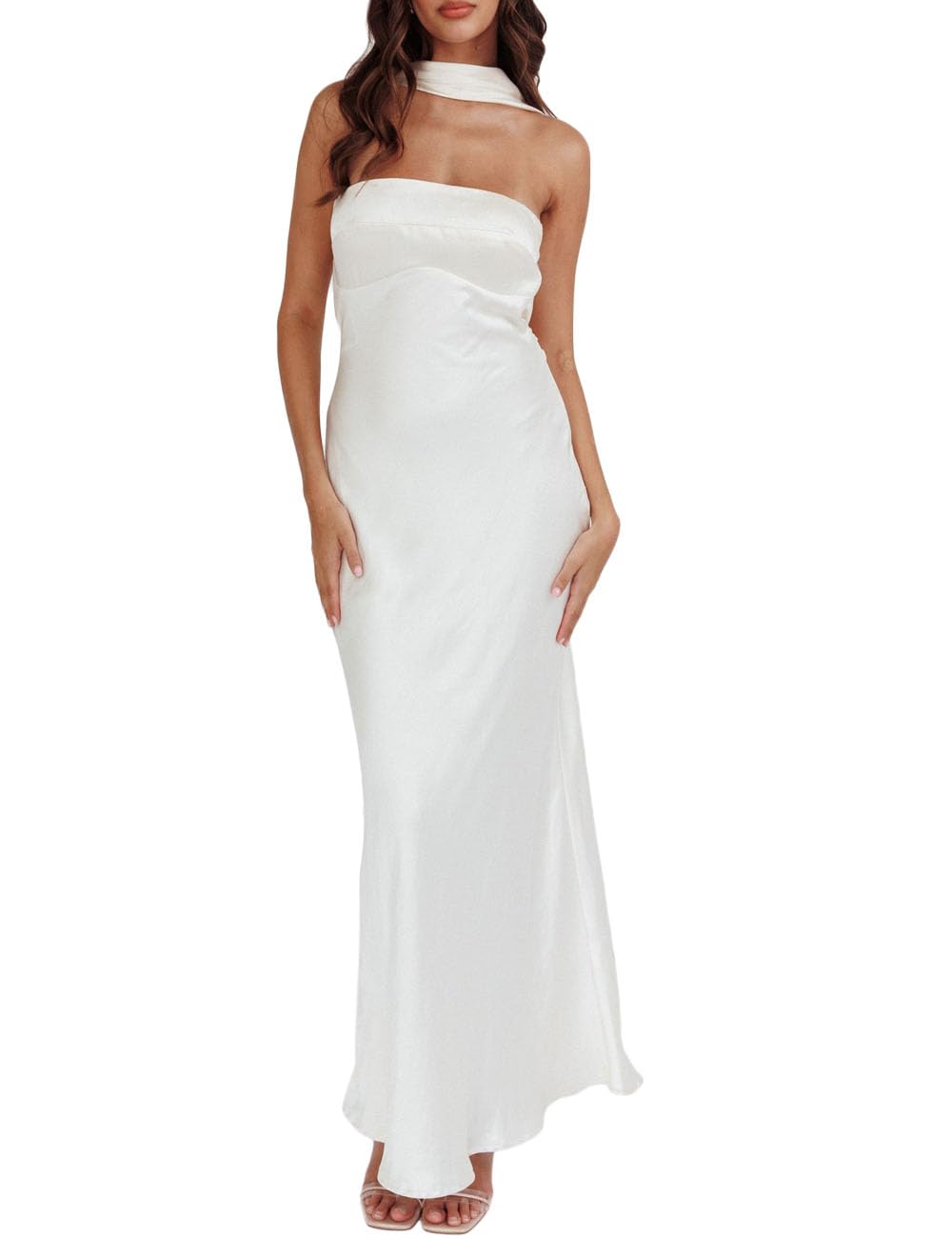 Photo 1 of Women's Summer Satin Strapless Tube Top Maxi Dress Elegant Silk Backless Halter Neck Formal Party Dresses Wedding Guest White